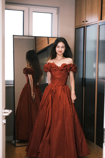 Romantic Burgundy A Line Off the Shoulder Pleated Satin Evening Dress Party Dress HZ1023